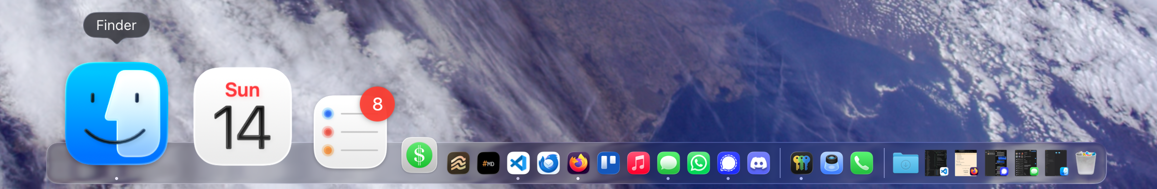 A screenshot of my dock on the MacBook Air, with a number of my most used apps
