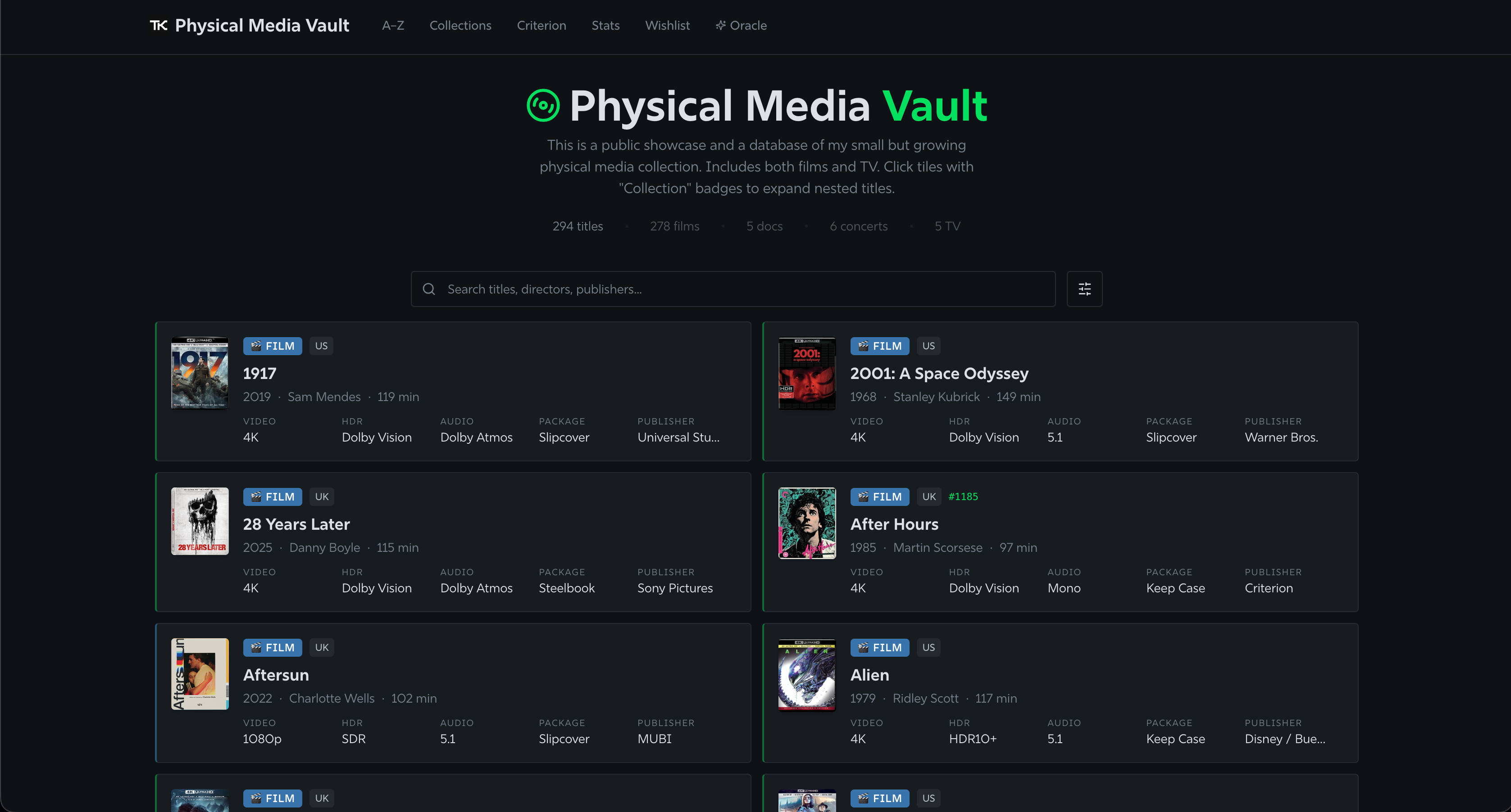 a screenshot of the homepage of my Physical Media Vault app